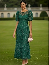 cheap Cocktail Dresses-Sheath Column Ankle Length Lace Dress Cocktail Dresses Elegant Vintage Floral Short Sleeve One Shoulder Garden Party Wedding Satin Tulle with 3D Flowers Bow(s)
