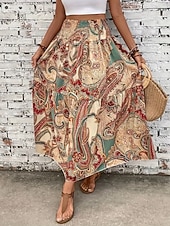abordables Faldas de Vacaciones-Mujer Falda de vacaciones Bohemia Vintage Casual Maxi Alta cintura Faldas Cachemir Estampado Elástico Diario Calle Negro Vino Rojo Naranja Verano