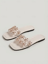 cheap Slide Sandals-Women's Crystal Floral Flat Sandals, Open Toe Slip-On Dress Slides for Resort Dinner, Vacation &amp; Summer Evening Occasions