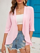 זול ז'קטים מזדמנים-בגדי ריקוד נשים ז'קט קז'ואל נוח נושם לגזור יום יומי אחיד חופשה רחוב לבוש יומיומי ליציאה חזית פתוחה רגיל ללא צווארון רגיל שרוול 4\3 הלבשה עליונה שחור לבן ורוד מסמיק אביב סתיו