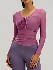 cheap Yoga Tops-Women's Sports Bra Top 2 Piece Yoga Top V-neckline Quick Dry Lightweight Comfortable Mesh Long Sleeve Sports Solid Color Top For Gym Workout Running Fitness Classic-Fit Activewear