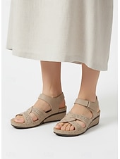 abordables Sandales Plates-Sandales compensées beiges pour femmes avec bride auto-agrippante et design découpé, chaussures à bout ouvert confortables pour la marche, les voyages d'été et les tenues décontractées au quotidien
