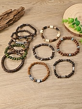 Χαμηλού Κόστους Ανδρικά κοσμήματα-Σετ ανδρικών βραχιολιών με ξύλινες χάντρες μποέμ, 10 ελαστικά βραχιόλια με χάντρες που στοιβάζονται για διακοπές στην παραλία, καθημερινή casual ένδυση, ταξίδια και φεστιβάλ