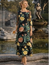 billige Ankellengde-A-linje Kjoler Ankellengde Festkjole Cocktail Kjole Kjole til brudens mor Halvlange ermer Øsehals Elegant Årgang Formell Bryllupsgjest Ferie Chiffon med Blomstertrykk Drapert Broderi