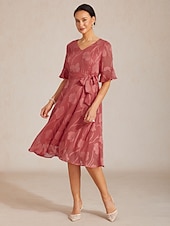  Γυναικεία Μίντι φόρεμα Φορέματα σιφόν Κομψό Καθημερινά Επισκέπτης γάμου Ημερομηνία Κανονικό Φλοράλ Μισό μανίκι Λαιμόκοψη V Κόκκινο Κόκκινο