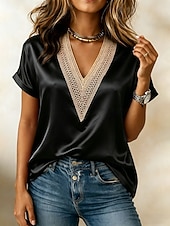 ieftine Rezervor simplu-Pentru femei Maiou din satin Tricou Tee Top Simplu Modă Stilat Clasic Manșon scurt În V Topuri obișnuite Casual Zilnic Ieșire Negru Alb Fucsia Vară Primăvară
