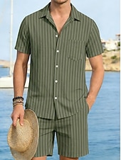 cheap Cotton Linen Shirt-Men Linen Shirt 2 Piece Shirt Set And Shorts Linen Shorts Beach Shorts Set Vertical Stripes Casual Daily Outdoor Turndown Short Sleeve Summer Fashion Casual Comfortable Clothing Apparel