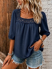  Women's Linen-feel Shirts Blouse Lace Trim Solid Color Daily Stylish Basic 3/4 Length Sleeve Square Neck Regular Tops Casual Daily Blue White Pink Navy Blue Green Summer Spring Fall