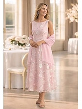 billiga Mammas klänningsset-Two Piece A-Line Dress Sets Ankle Length Wedding Guest Dress Mother of the Bride Dress Sleeveless Boat Neck Elegant Simple Embellished Formal Kentucky Derby Semi Formal Lace Jacquard Wrap Included