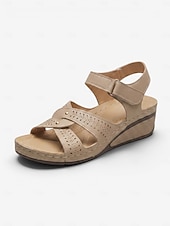 abordables Sandales Plates-Sandales compensées beiges pour femmes avec bride auto-agrippante et design découpé, chaussures à bout ouvert confortables pour la marche, les voyages d'été et les tenues décontractées au quotidien