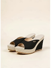 billige Kilesandaler-Svarte damesandaler med kilehæl og peep toe – uformelle sommerlige espadriller med platåsko for ferie og strandantrekk