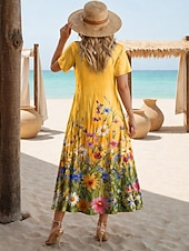  Per donna Abito Midi Abito a trapezio Abito Estivo Vacanza Casual Spiaggia Vestibilità regolare Floreale Grafico Manica Corta Scollo a V Blu Giallo Verde chiaro Rosa Estate Primavera