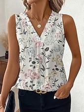 billige Grafisk tank-Dame Singleter Blomstret Grafisk Elegant Årgang Mote Ermeløs V-hals Vanlige topper Avslappet Daglig Blå Gul Rosa Sommer Vår