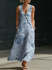 cheap Floral Dress-Women's Maxi Dress Boho Dress Shirt Dress Sundress Elegant Bohemia Ethnic Beach Holiday Loose Fit Floral Graphic Sleeveless V Neck Blue Green Summer Spring