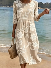 cheap Floral Dress-Women's Midi Dress Sundress Summer Dress Vacation Casual Boho Holiday Regular Fit Floral Graphic 3/4 Length Sleeve Crew Neck Blue Pink Purple Green Summer Spring