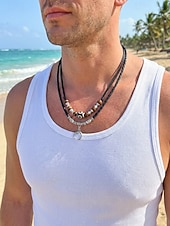 cheap Men's Jewelry-Men's Bohemian Style Double-Layer Necklace, Alloy &amp; Leather Cord Mixed Material, Crescent Moon Pendant, Adjustable, Perfect for Beach Vacation, Daily Casual Wear
