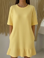  Жен. Платье до колена Платья с баской Мода Классика Повседневные на открытом воздухе Свободное облегание Полотняное плетение Рукав до локтя Вырез под горло