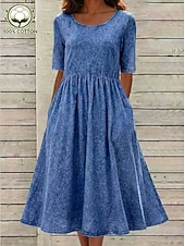  Damen-Midikleid aus 100 % Baumwolle, gewaschenes Kleid, lässiges T-Shirt-Kleid, Basic-Kleid, klassisch, für Alltag und Urlaub, normale Passform, einfarbig, halblange Ärmel, Rundhalsausschnitt, blau, Sommer/Frühling