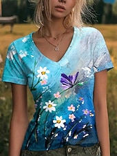 cheap Floral tee-Women's T Shirt Print Floral Graphic Vintage Stylish Classic Short Sleeve V Neck Regular Tops Casual Daily Going out Blue Green Summer Spring