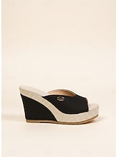 billige Kilesandaler-Svarte damesandaler med kilehæl og peep toe – uformelle sommerlige espadriller med platåsko for ferie og strandantrekk