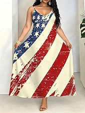  Amerykański Dzień Niepodległości Damskie Sukienka maxi Sukienka A line Sukienka na ramiączkach Urlop Codzienny Plaża Wyjściowe Regularny Graficzny Gwiazda Bez rękawów W serek Niebieski Czerwony Lato