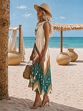 economico Abiti casual-Per donna Abito Midi Abito Estivo Vacanza Spiaggia Vestibilità regolare Floreale Senza Maniche Scollo a V Blu Bianco Verde Estate Primavera