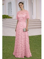 cheap Floor Length-A-Line Dress Floor Length Wedding Guest Dress Formal Dresses Evening Gown Mother of the Bride Dress Short Sleeve Crew Neck Elegant Simple Embellished Formal Lace with 3D Flowers