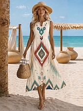 economico Abiti casual-Per donna Abito Midi Abito Estivo Vacanza Spiaggia Vestibilità regolare Floreale Senza Maniche Scollo a V Blu Bianco Verde Estate Primavera