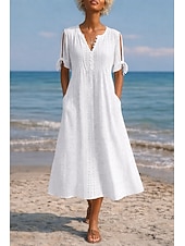 cheap White Lace Dresses-Women's Midi Dress Boho Dress A Line Dress Summer Dress Elegant Fashion Modern Daily Outdoor Beach Loose Fit Plain Short Sleeve V Neck White Purple Light Blue Summer Spring