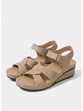 abordables Sandales Plates-Sandales compensées beiges pour femmes avec bride auto-agrippante et design découpé, chaussures à bout ouvert confortables pour la marche, les voyages d'été et les tenues décontractées au quotidien