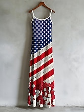  American Independence Day Women's Long Dress Maxi Dress Slip Dress Fit And Flare Dress Vacation Casual Beach Cold Shoulder Holiday Regular Fit Graphic Flag Sleeveless Strap Scoop Neck Blue White Wine