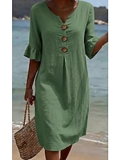 tanie Podstawowe sztuczne sukienki-Damskie Sukienka midi Sztuczna bawełna len Sukienka trapezowa Codzienny Codzienny Luźna Równina Rękaw 3/4 W serek Niebieski Czarny Biały Zielony Lato Wiosna Jesień