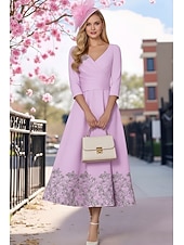 cheap Ankle Length-A-Line Dress Tea Length Beaded Eembroidered Party Dress Cocktail Dress Mother of the Bride Dress 3/4 Length Sleeve V Neck Elegant Simple Formal Satin with Lace Ruched Sequin