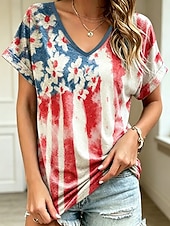  día de la independencia americana Mujer Camiseta Estampado Graphic Bandera estadounidense Vintage Elegante Clásico Manga Corta Escote en Pico Tops regulares Casual Diario Fin de semana Azul Piscina