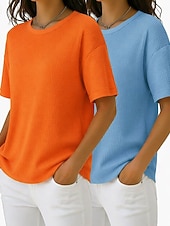  Wielopak 2 szt. damskich T-shirtów z waflowym wzorem, dzianinowe topy z waflowym wzorem, jednolity kolor, stylowy, podstawowy, klasyczny, krótki rękaw, okrągły dekolt, regularny top, swobodny, codzienny, plażowy, różowy + pomarańczowy