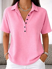  Жен. Туника Пуговицы Сплошной цвет Полотняное плетение Винтаж Стиль Классика С короткими рукавами Отложной Обычные топы Повседневные Черный Белый Розовый Красный Светло-синий Лето Весна