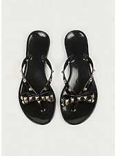 billige Sklisandaler-svarte sløyfeflip-flops med pigg for kvinner – elegante strandsandaler med komfortabel flat såle for sommerbruk