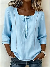 preiswerte Einfache Blusen-Damen Hemd Bluse Einfach Gestreift Stilvoll Klassisch Modern Dreiviertelarm Quadrathals Lange Oberteile Lässig Täglich Strand Weiß Gelb Marineblau Himmelblau Aprikose Sommer Frühling