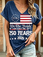  American Independence Day Women's T Shirt Print Graphic American Flag Vintage Stylish Classic Short Sleeve V Neck Regular Tops Casual Daily Weekend Blue Black Red Summer Spring