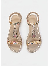 economico Sandali Piani-sandali bassi da donna in metallo dorato con cinturino intrecciato floreale e dettagli in pietre preziose – calzature estive casual per la spiaggia, la piscina e le vacanze
