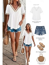  בגדי ריקוד נשים חלק עליון חולצת פוינטל חולצה קצרה טי שירטס מרקם אלגנטית מסוגנן קלסי שרוולים קצרים צווארון V חולצות רגילות קזו'אל חוף לבן צהוב ורוד מסמיק קיץ