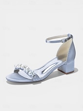 cheap Heeled Sandals-Women's Navy Pearl Embellished Chunky Heel Sandals - Elegant Ankle Strap Cocktail Party Dress Shoes