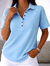  Жен. Туника Пуговицы Сплошной цвет Полотняное плетение Винтаж Стиль Классика С короткими рукавами Отложной Обычные топы Повседневные Черный Белый Розовый Красный Светло-синий Лето Весна