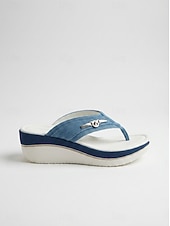 ieftine Sandale tip slide-sandale flip-flop de damă din denim – îmbrăcăminte de plajă elegantă, casual, cu talpă confortabilă și accent metalic