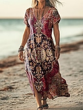 economico Abito Boho-Per donna Abito maxi Vestito Estivo Vestito T-Shirt Abito a trapezio Vacanza Casual Spiaggia Uscire Vestibilità comoda Grafico Tribale Etnico Manica Corta Scollo a V Rosso scuro Vino Rosso Estate