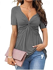 abordables Camiseta lisa-Mujer Camiseta Camiseta superior Frunce Plano Moda Elegante Clásico Manga Corta Escote en Pico Tops regulares Diario Noche Fin de semana Negro Blanco Vino Fucsia Rosa Rojo Verano Primavera