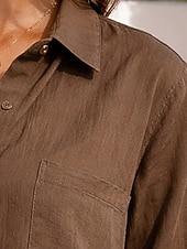 billige Essensielle falske skjorter-Dame Skjorte Uformell skjorte Skjorte med knapper Bomullsskjorte Helfarge عادي Elegant Ferie Mote Langermet Aftæpning Lange topper Gateklær Strand Ferie Brun Sommer Vår Høst