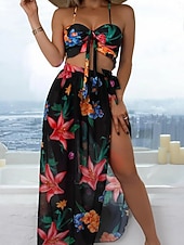 preiswerte 3-teiliges Bikini-Set-Damen Badeanzug Bikini Dreiteilig Slips Bademode Gerafft Urlaub Strandbekleidung Blumen Grafik V Ausschnitt Ärmellos Badeanzüge