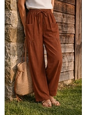 Недорогие Роскошные брюки-Жен. Широкие Льняные брюки Штаны Чино Отпуск Мода Классический Полная длина Нормальная Полотняное плетение Кулиска Плиссировка Карман Комфорт Легкость Дышащий Неэластичная