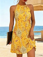 economico Abiti Boho-Per donna Abito al ginocchio Abito a trapezio Abito Estivo Vacanza Casual Vestibilità regolare Grafico Boho Paisley Damasco Senza Maniche All'americana Giallo Rosso Arancione Verde Estate Primavera